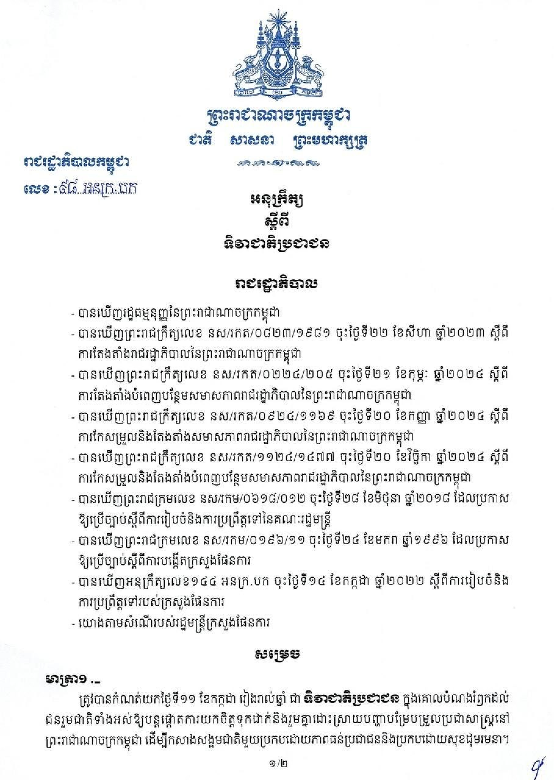 អនុក្រឹត្យលេខ៩៨ អនក្រ.បក ចុះថ្ងៃទី២១ ខែឧសភាព ឆ្នាំ ២០២៦ ស្ដីពីទិវាជាតិប្រជាជន