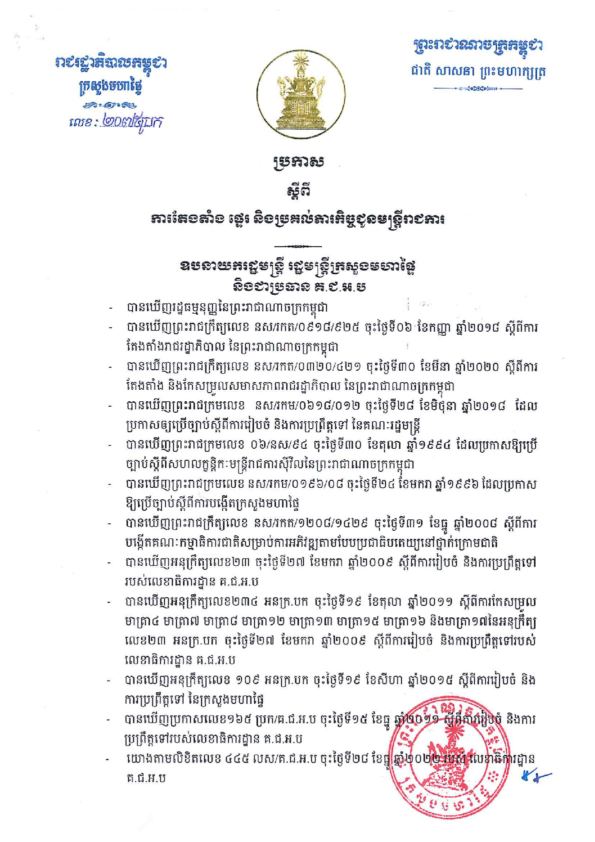 ប្រកាសលេខ២០៧៥ ប្រក ចុះថ្ងៃទី២៧ ខែមីនា ឆ្នាំ២០២៣ ស្តីពីការតែងតាំង ផ្ទេរ និងប្រគល់ភារកិច្ចជូនមន្រ្តីរាជការស៊ីវិល ចំនួន១៤ រូប ជាអនុប្រធានក្រុមសវនកម្មផ្ទៃក្នុងប្រធានការិយាល័យ​ និងអនុប្រធានការិយាល័យ នៅក្នុងរចនាសម្ព័ន្ធ ចំណុះលេខាធិការដ្ឋាន នៃគណៈកម្មាធិការជាតិសម្រាប់ការអភិវឌ្ឍតាមបែបប្រជាធិបតេយ្យនៅថ្នាក់ក្រោមជាតិ (គ.ជ.អ.ប)