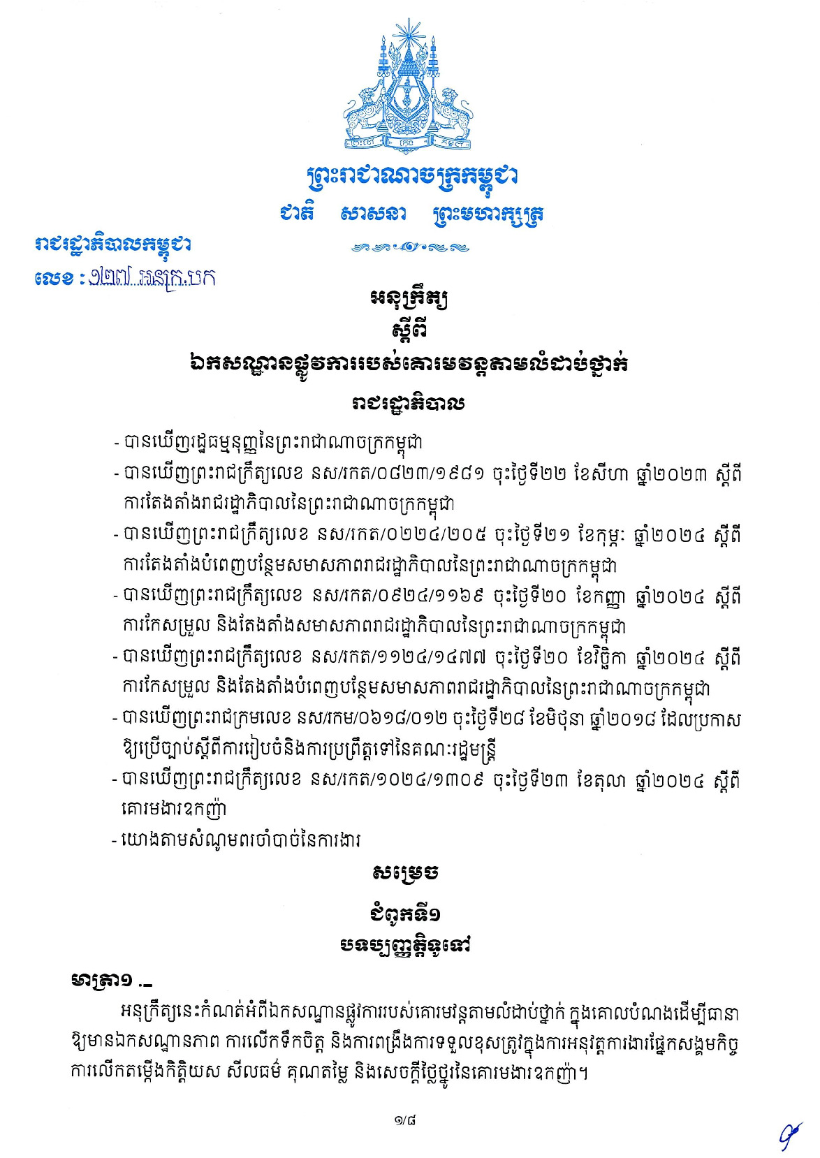 អនុក្រឹត្យលេខ ១២៧ អនក្រ.បក ចុះថ្ងៃទី២៤ ខែមិថុនា ឆ្នាំ២០២៦ ឯកសណ្នានផ្លូវការរបស់គោរមវន្ដតាមលំដាប់ថ្នាក់