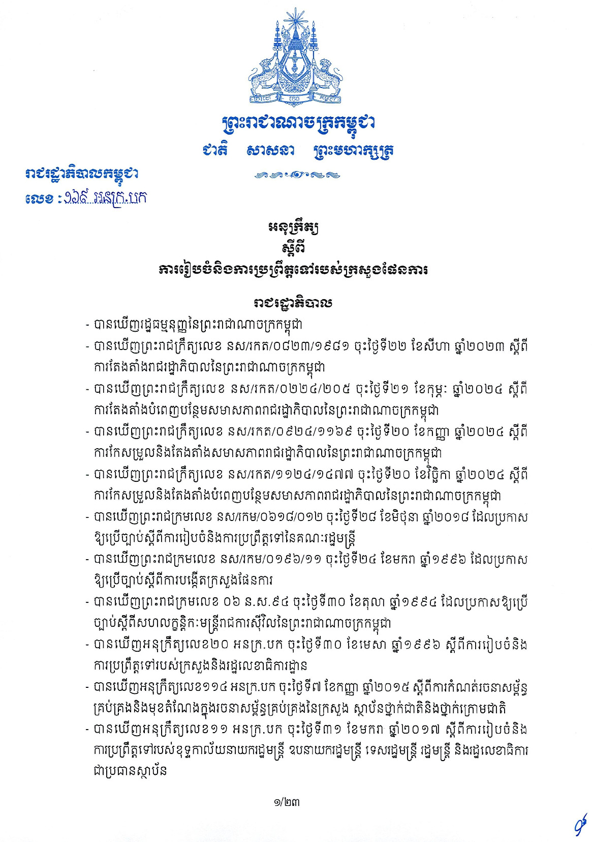 អនុក្រឹត្យលេខ ១៦​៩ អនក្រ.បក ចុះថ្ងៃទី៤ ខែសីហា ឆ្នាំ២០២៦ ស្តីពី ការរៀបចំនិងការប្រព្រឹត្តទៅរបស់ក្រសួងផែនការ